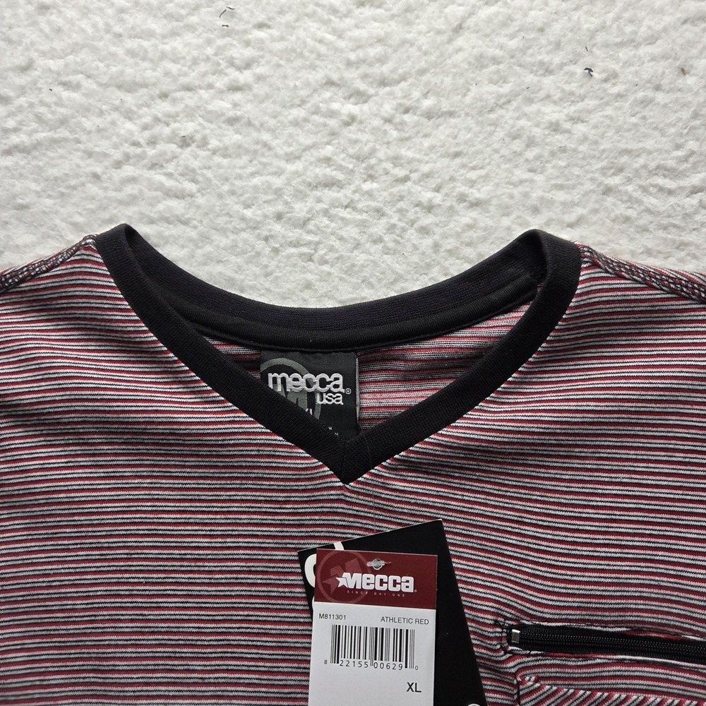 Mecca USA Shirt Mens XL Red Striped V-Neck Chest Pocket Zipper Tee Cotton Jersey